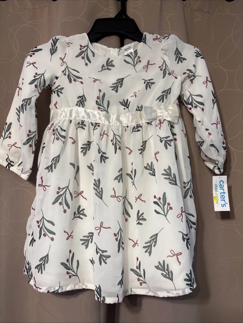 Carter's White Dress with Green Foliage and Red Berry Accents